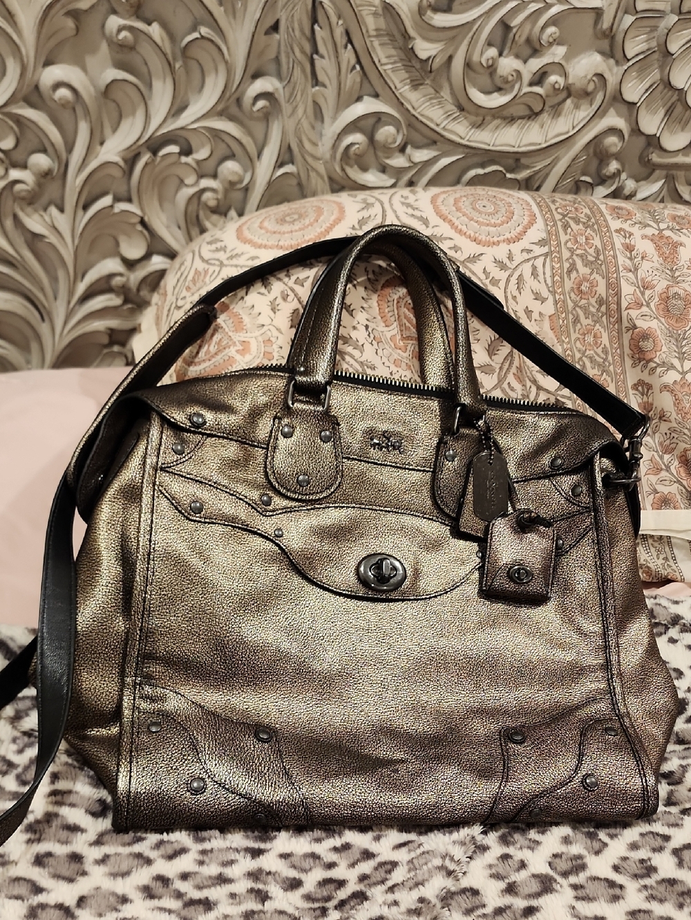 Coach Metallic Bronze Leather Satchel with Turnlock Detail
